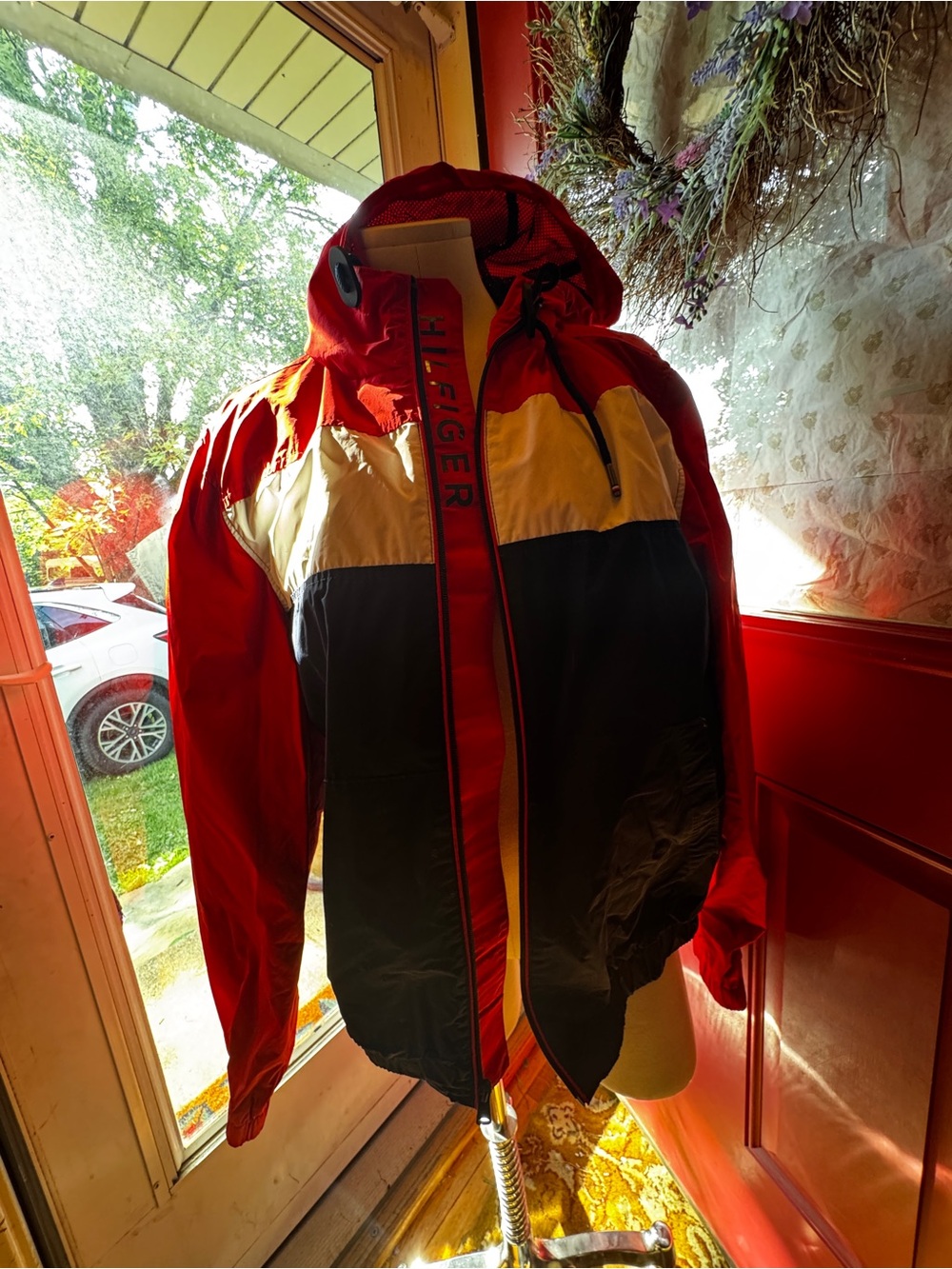 Tommy Hilfiger Red White Navy Colorblock Hooded Windbreaker